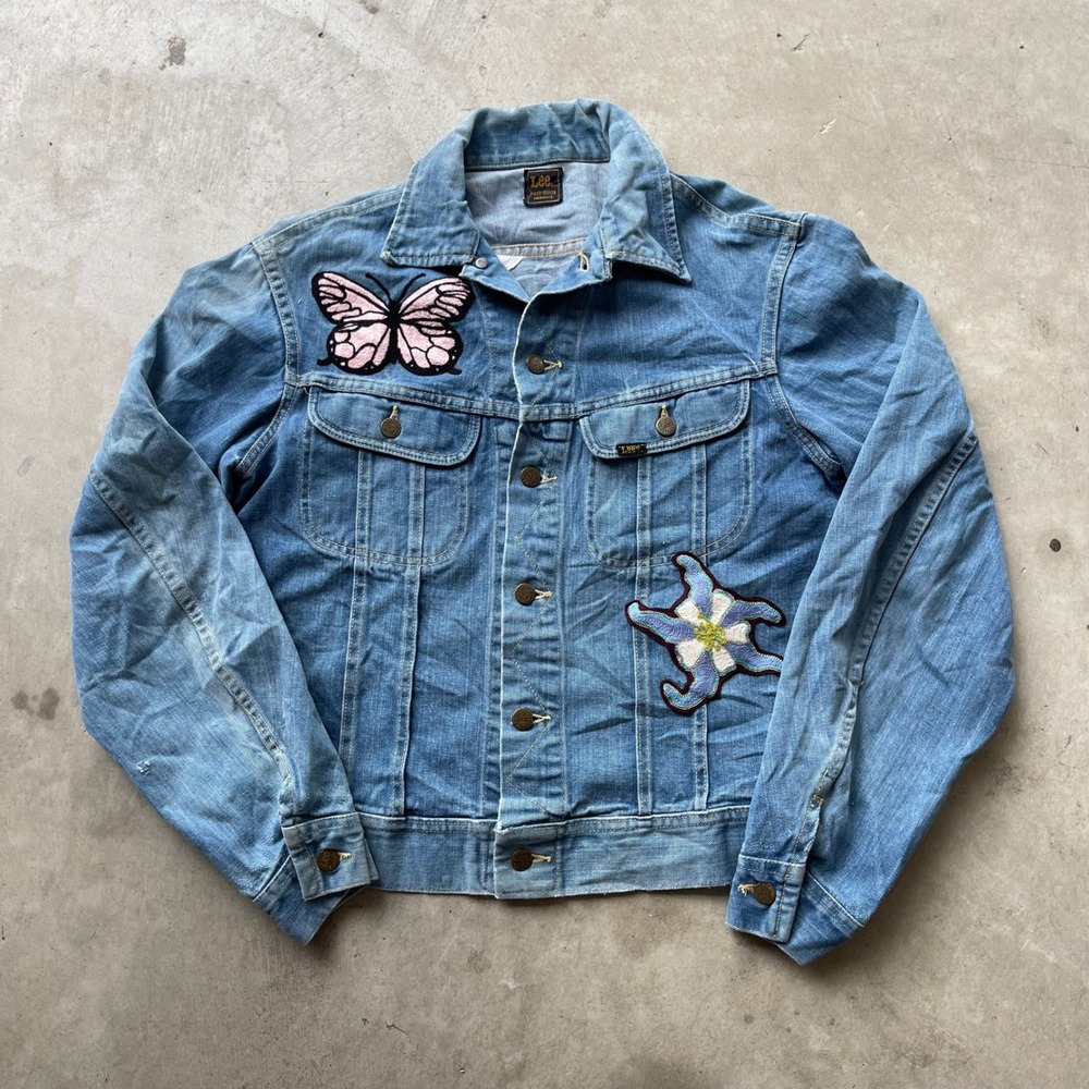 Vintage 70s Lee 101J Denim Jacket Chain Stitch Butterfly Embroidery Blue Mens